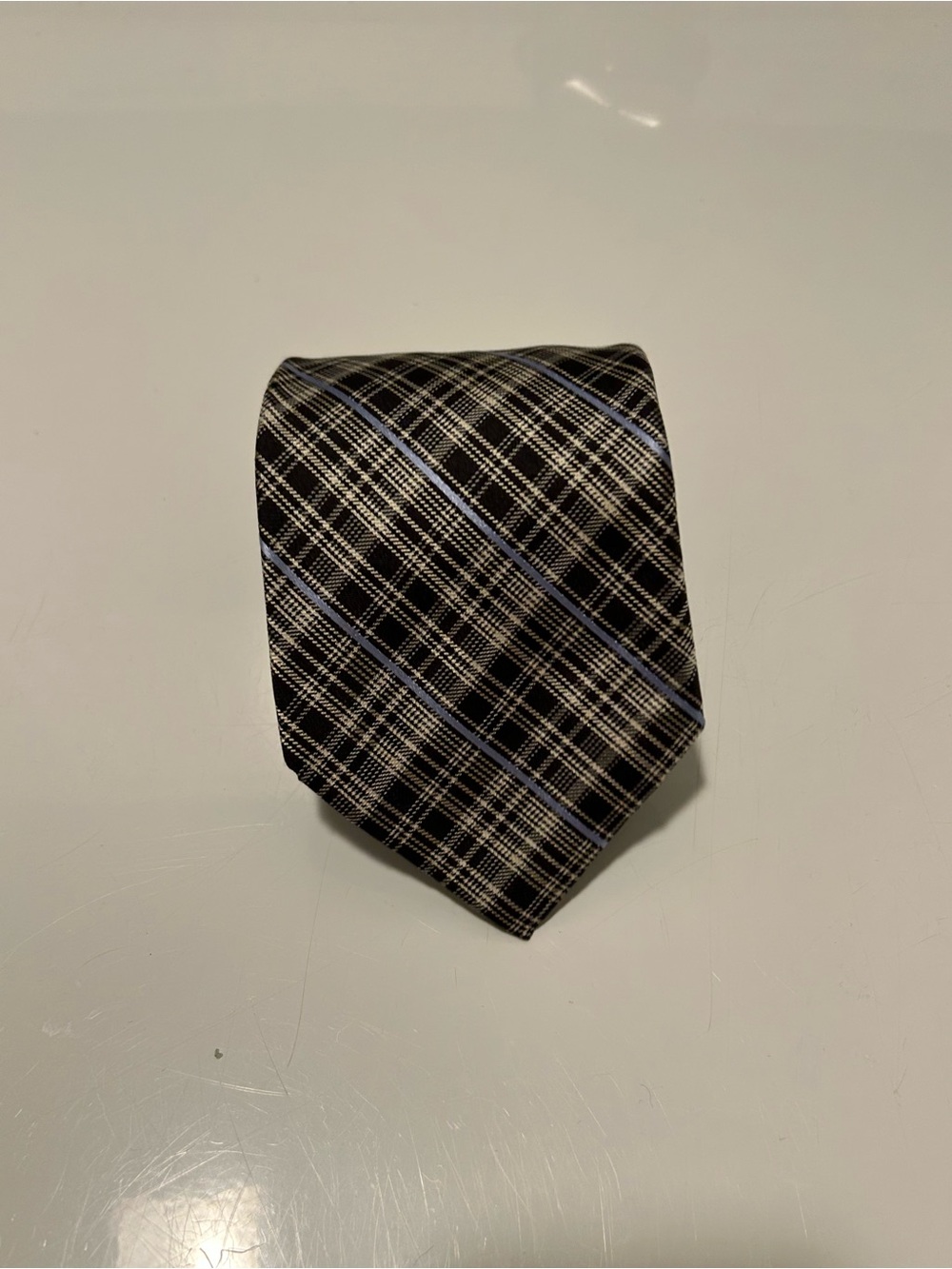 Valentino Italian Silk Designer Men's Black Plaid Tie with Blue Accent